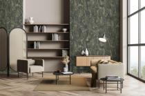 Light living room interior with armchair and sofa, bookshelf and
