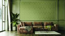 Modern interior design for home, office, interior details, upholstered furniture against the background of an olive classic wall. Pleasant light