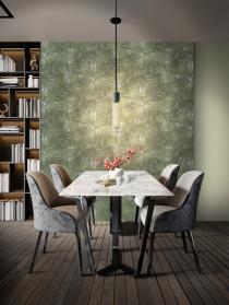 Modern dining table with white marble top with gray chairs and wood planks on the wall. 3d rendering.