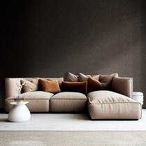 light brown sofa with beige carpet in apartment on grey wall bac